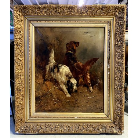 QUADRO DIPINTO OLIO TELA Henry Schouter DUE CANI da CACCIA SETTER
