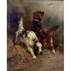 QUADRO DIPINTO OLIO TELA Henry Schouter DUE CANI da CACCIA SETTER
