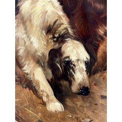 QUADRO DIPINTO OLIO TELA Henry Schouter DUE CANI da CACCIA SETTER
