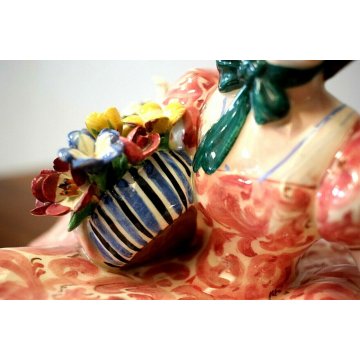 ANTICA SCULTURA CERAMICA T.Sebelin FIGURA DAMA CON CESTO FIORI CAPPELLO ART DECO