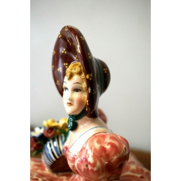 ANTICA SCULTURA CERAMICA T.Sebelin FIGURA DAMA CON CESTO FIORI CAPPELLO ART DECO