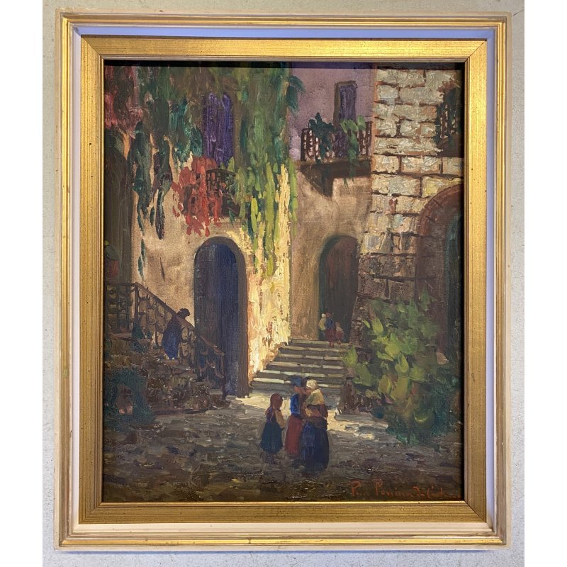 ANTICO QUADRO DIPINTO Pino Pessina Da Castanedo PAESAGGIO FIGURE VECCHIA ORTA