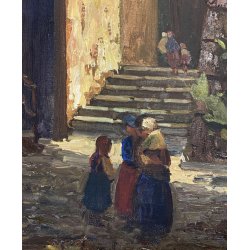 ANTICO QUADRO DIPINTO Pino Pessina Da Castanedo PAESAGGIO FIGURE VECCHIA ORTA