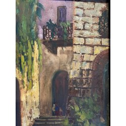 ANTICO QUADRO DIPINTO Pino Pessina Da Castanedo PAESAGGIO FIGURE VECCHIA ORTA