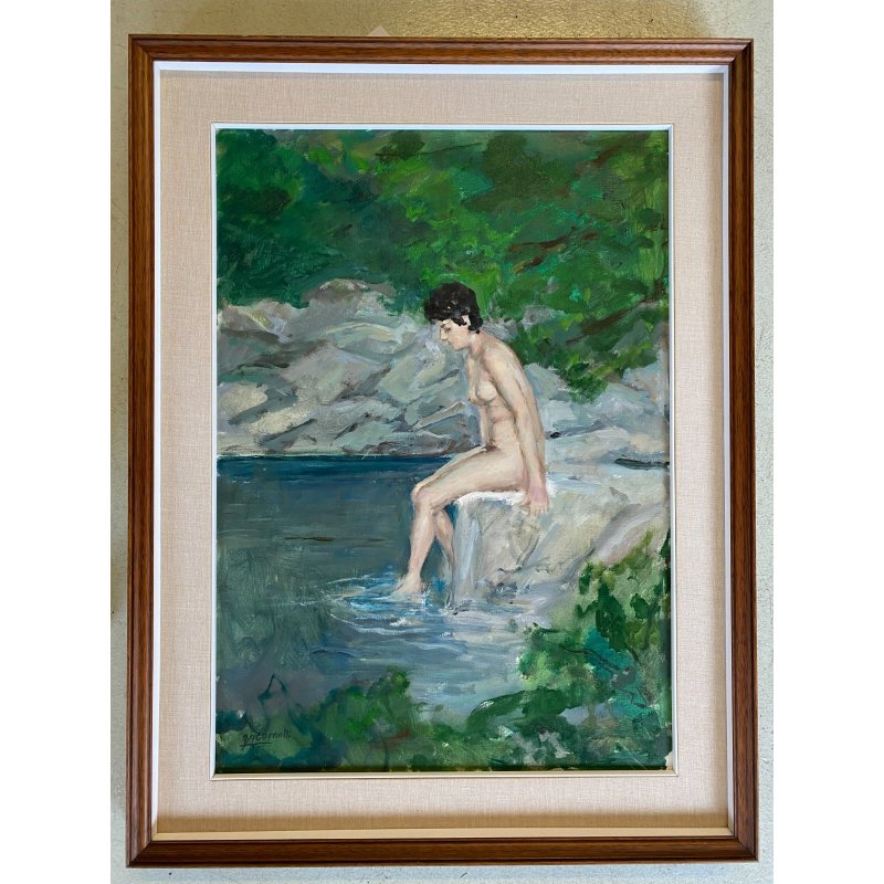 DIPINTO OLIO Gigi Comolli "Bagnante" RITRATTO NUDO FIGURA FEMMINILE LAGO FIUME