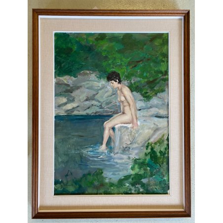 DIPINTO OLIO Gigi Comolli "Bagnante" RITRATTO NUDO FIGURA FEMMINILE LAGO FIUME