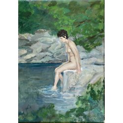 DIPINTO OLIO Gigi Comolli "Bagnante" RITRATTO NUDO FIGURA FEMMINILE LAGO FIUME