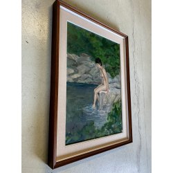 DIPINTO OLIO Gigi Comolli "Bagnante" RITRATTO NUDO FIGURA FEMMINILE LAGO FIUME