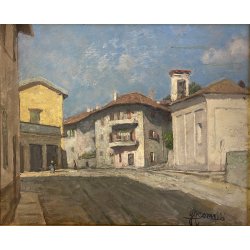 QUADRO DIPINTO OLIO TAVOLA Gigi Comolli "PIAZZA OLEGGIO CASTELLO" PAESAGGIO '900