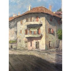 QUADRO DIPINTO OLIO TAVOLA Gigi Comolli "PIAZZA OLEGGIO CASTELLO" PAESAGGIO '900