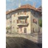 QUADRO DIPINTO OLIO TAVOLA Gigi Comolli "PIAZZA OLEGGIO CASTELLO" PAESAGGIO '900