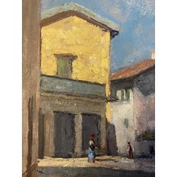 QUADRO DIPINTO OLIO TAVOLA Gigi Comolli "PIAZZA OLEGGIO CASTELLO" PAESAGGIO '900