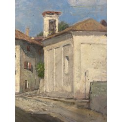 QUADRO DIPINTO OLIO TAVOLA Gigi Comolli "PIAZZA OLEGGIO CASTELLO" PAESAGGIO '900