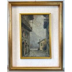 ANTICO DIPINTO OLIO G. Salviati PAESAGGIO RURALE SCORCIO BORGO MONTANO INVERNO