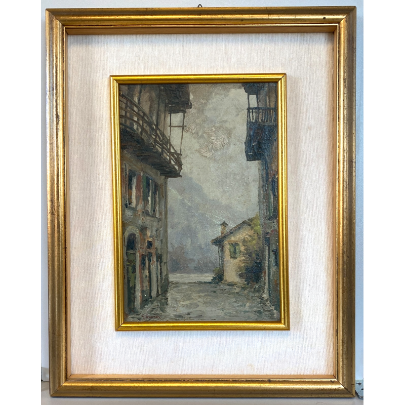 ANTICO DIPINTO OLIO G. Salviati PAESAGGIO RURALE SCORCIO BORGO MONTANO INVERNO