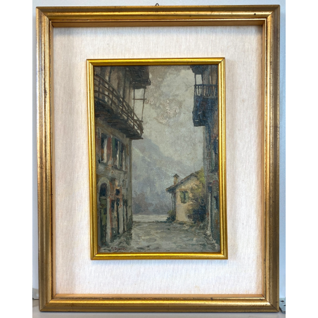 ANTICO DIPINTO OLIO G. Salviati PAESAGGIO RURALE SCORCIO BORGO MONTANO INVERNO