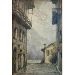 ANTICO DIPINTO OLIO G. Salviati PAESAGGIO RURALE SCORCIO BORGO MONTANO INVERNO