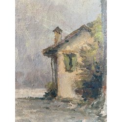 ANTICO DIPINTO OLIO G. Salviati PAESAGGIO RURALE SCORCIO BORGO MONTANO INVERNO