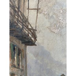 ANTICO DIPINTO OLIO G. Salviati PAESAGGIO RURALE SCORCIO BORGO MONTANO INVERNO