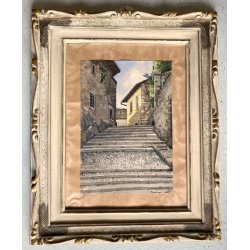QUADRO DIPINTO ACQUERELLO Guido Fiorini SCORCIO BORGO SCALINATA Mergozzo 1945
