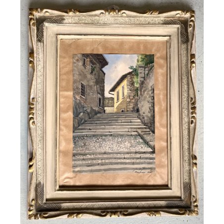 QUADRO DIPINTO ACQUERELLO Guido Fiorini SCORCIO BORGO SCALINATA Mergozzo 1945