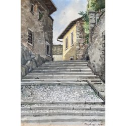 QUADRO DIPINTO ACQUERELLO Guido Fiorini SCORCIO BORGO SCALINATA Mergozzo 1945
