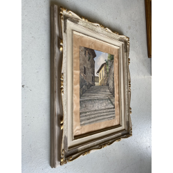 QUADRO DIPINTO ACQUERELLO Guido Fiorini SCORCIO BORGO SCALINATA Mergozzo 1945