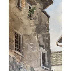 QUADRO DIPINTO ACQUERELLO Guido Fiorini SCORCIO BORGO SCALINATA Mergozzo 1945