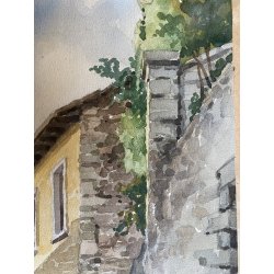 QUADRO DIPINTO ACQUERELLO Guido Fiorini SCORCIO BORGO SCALINATA Mergozzo 1945