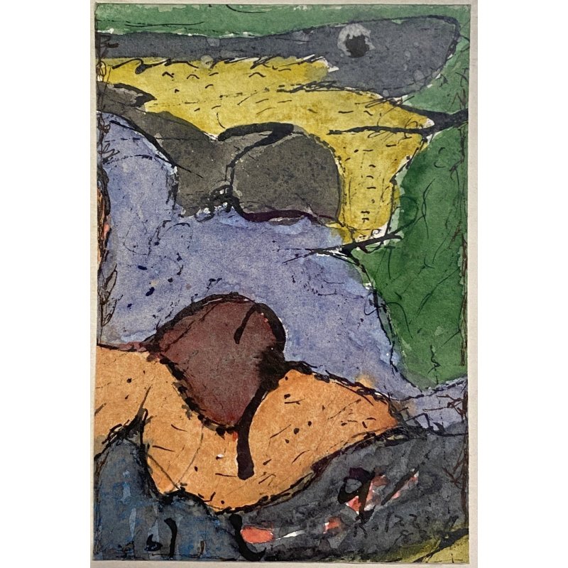 DISEGNO ASTRATTO CHINA ACQUERELLO su CARTONCINO Renzo Izzi  11 x 16 cm 1984