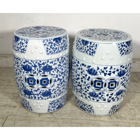 ANTICA COPPIA SGABELLO DA GIARDINO CINESE FAMILLE ROSE SEDIA FIORI 47 CM DIPINTO