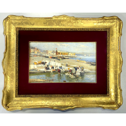 ANTICO QUADRO DIPINTO OLIO A. Pratella PAESAGGIO MARINA NAPOLI LAVANDAIE PORTO