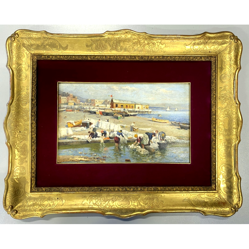 ANTICO QUADRO DIPINTO OLIO A. Pratella PAESAGGIO MARINA NAPOLI LAVANDAIE PORTO