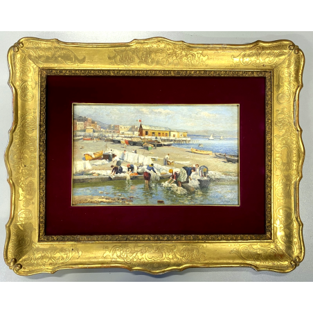 ANTICO QUADRO DIPINTO OLIO A. Pratella PAESAGGIO MARINA NAPOLI LAVANDAIE PORTO