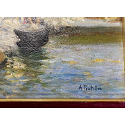 ANTICO QUADRO DIPINTO OLIO A. Pratella PAESAGGIO MARINA NAPOLI LAVANDAIE PORTO
