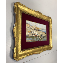 ANTICO QUADRO DIPINTO OLIO A. Pratella PAESAGGIO MARINA NAPOLI LAVANDAIE PORTO