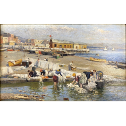 ANTICO QUADRO DIPINTO OLIO A. Pratella PAESAGGIO MARINA NAPOLI LAVANDAIE PORTO