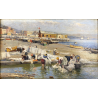 ANTICO QUADRO DIPINTO OLIO A. Pratella PAESAGGIO MARINA NAPOLI LAVANDAIE PORTO