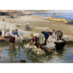ANTICO QUADRO DIPINTO OLIO A. Pratella PAESAGGIO MARINA NAPOLI LAVANDAIE PORTO