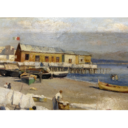 ANTICO QUADRO DIPINTO OLIO A. Pratella PAESAGGIO MARINA NAPOLI LAVANDAIE PORTO