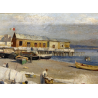 ANTICO QUADRO DIPINTO OLIO A. Pratella PAESAGGIO MARINA NAPOLI LAVANDAIE PORTO