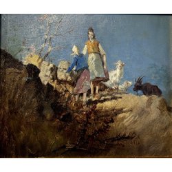 ANTICO QUADRO OLIO TAVOLA A. Soressi GENERE PAESAGGIO PASTORELLE GREGGE CAPRETTE