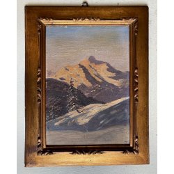 ANTICO DIPINTO OLIO TAVOLA PAESAGGIO MONTANO ALPI MONTE ROSA TRAMONTO PRIMO '900