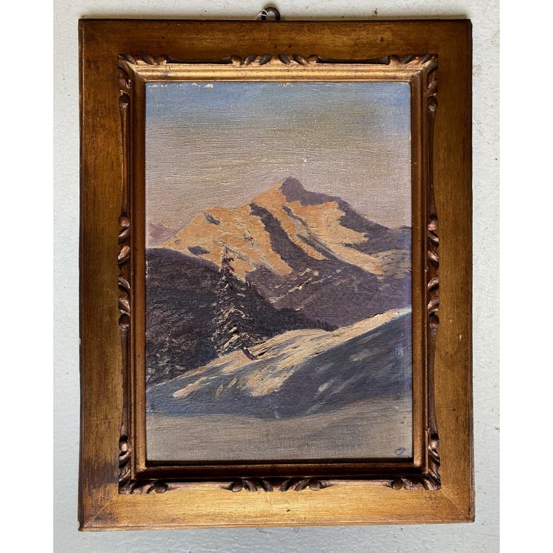 ANTICO DIPINTO OLIO TAVOLA PAESAGGIO MONTANO ALPI MONTE ROSA TRAMONTO PRIMO '900