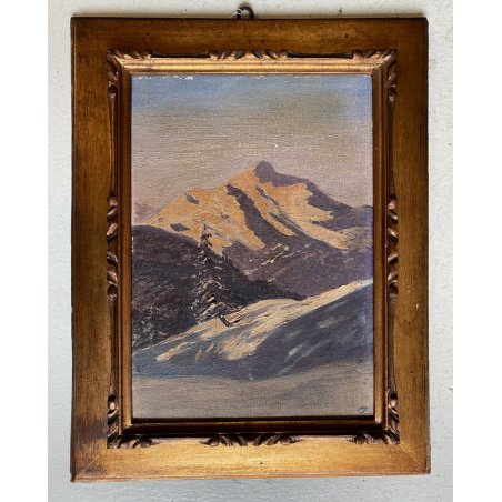 ANTICO DIPINTO OLIO TAVOLA PAESAGGIO MONTANO ALPI MONTE ROSA TRAMONTO PRIMO '900