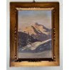 ANTICO DIPINTO OLIO TAVOLA PAESAGGIO MONTANO ALPI MONTE ROSA TRAMONTO PRIMO '900