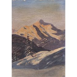 ANTICO DIPINTO OLIO TAVOLA PAESAGGIO MONTANO ALPI MONTE ROSA TRAMONTO PRIMO '900