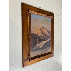 ANTICO DIPINTO OLIO TAVOLA PAESAGGIO MONTANO ALPI MONTE ROSA TRAMONTO PRIMO '900