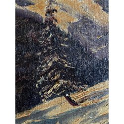 ANTICO DIPINTO OLIO TAVOLA PAESAGGIO MONTANO ALPI MONTE ROSA TRAMONTO PRIMO '900