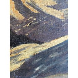 ANTICO DIPINTO OLIO TAVOLA PAESAGGIO MONTANO ALPI MONTE ROSA TRAMONTO PRIMO '900